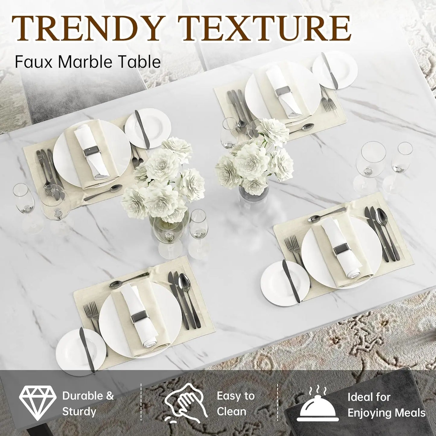 Dining Table Set for 4, Faux Marble Small Kitchen Table, Chairs Set of 4 with Luxurious Button Tufted Chairs.