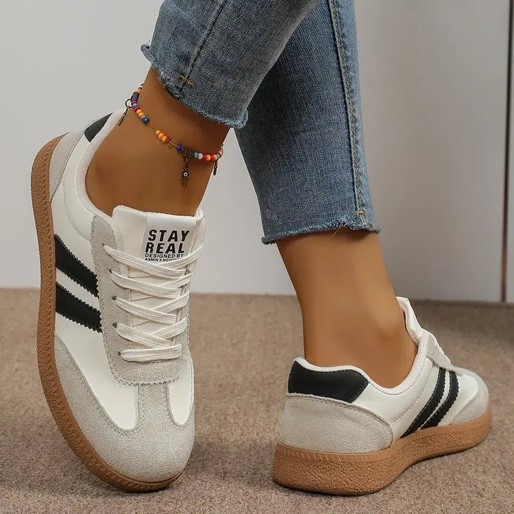 Lightweight Comfortable Sneakers for Women, Fashion Striped Lace Up Sports Shoes Plus Size.