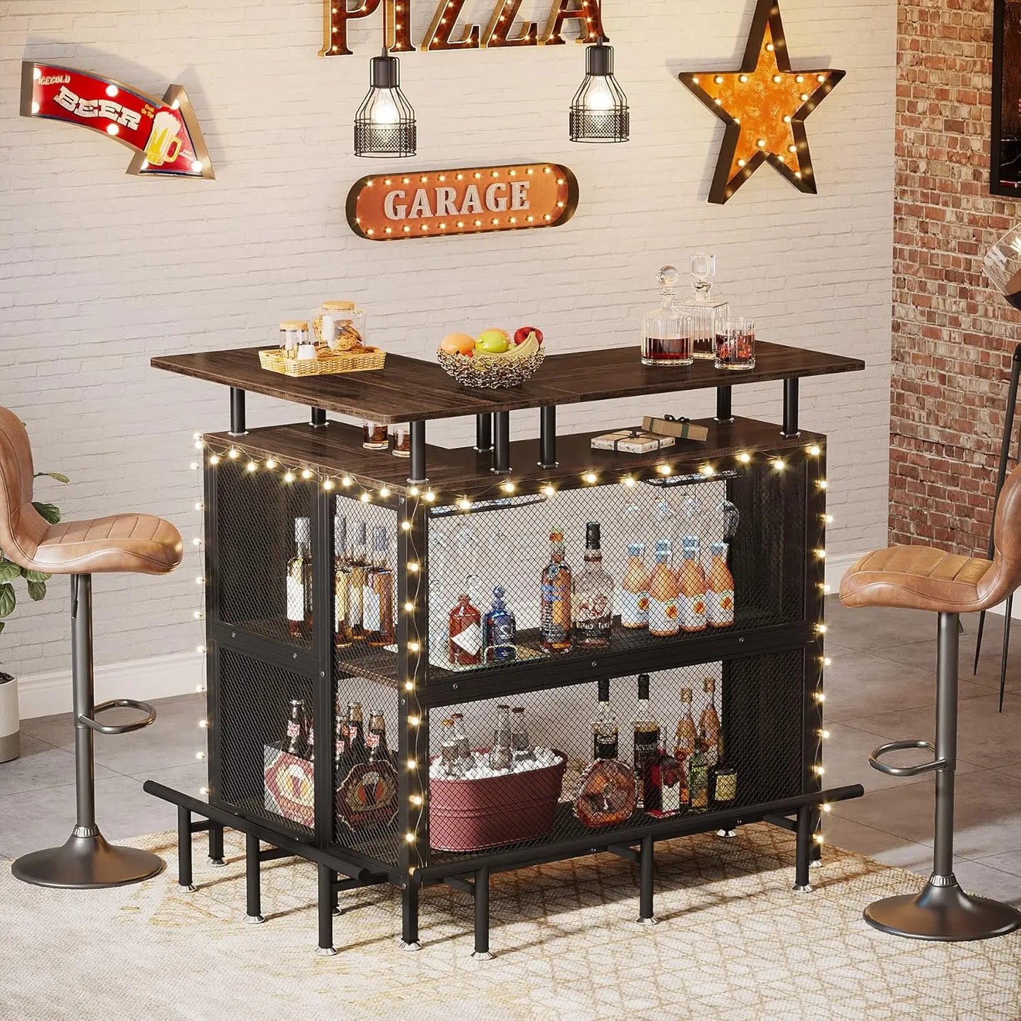 L-Shaped Bar Table with Stemware Racks and 2-Tier Shelves with footrest