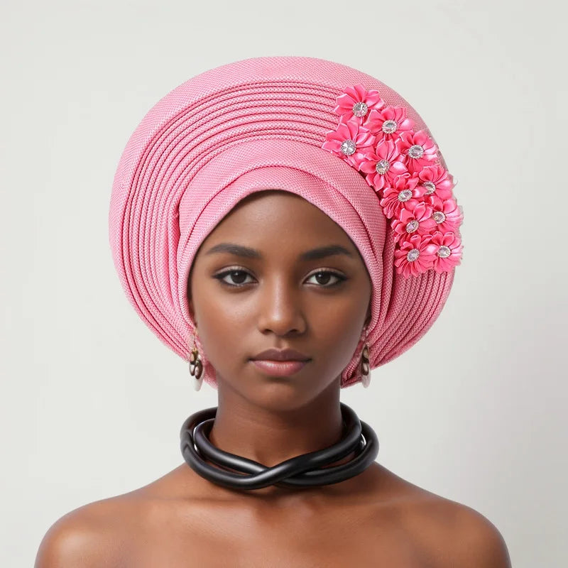Red Multi-Layered, Turban Hat African Fan Shaped Head Wraps ,Pleated Headwear With Crystal.