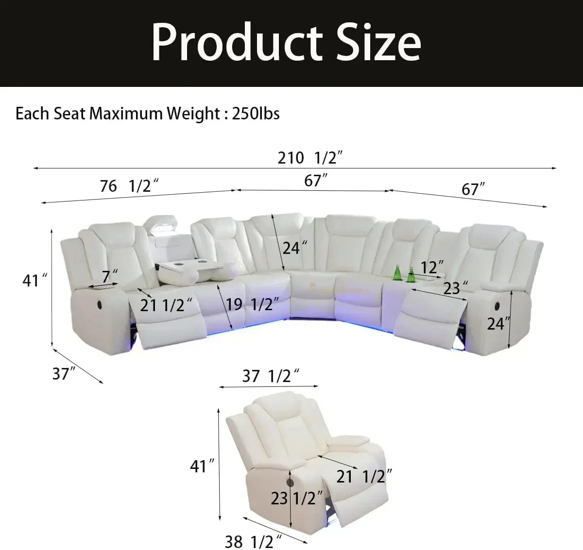 Living Room Furniture Reclining Sectional Sofa, Living Room Power Recliner Adjustable Sofa, Loveseat Chair with Storage.