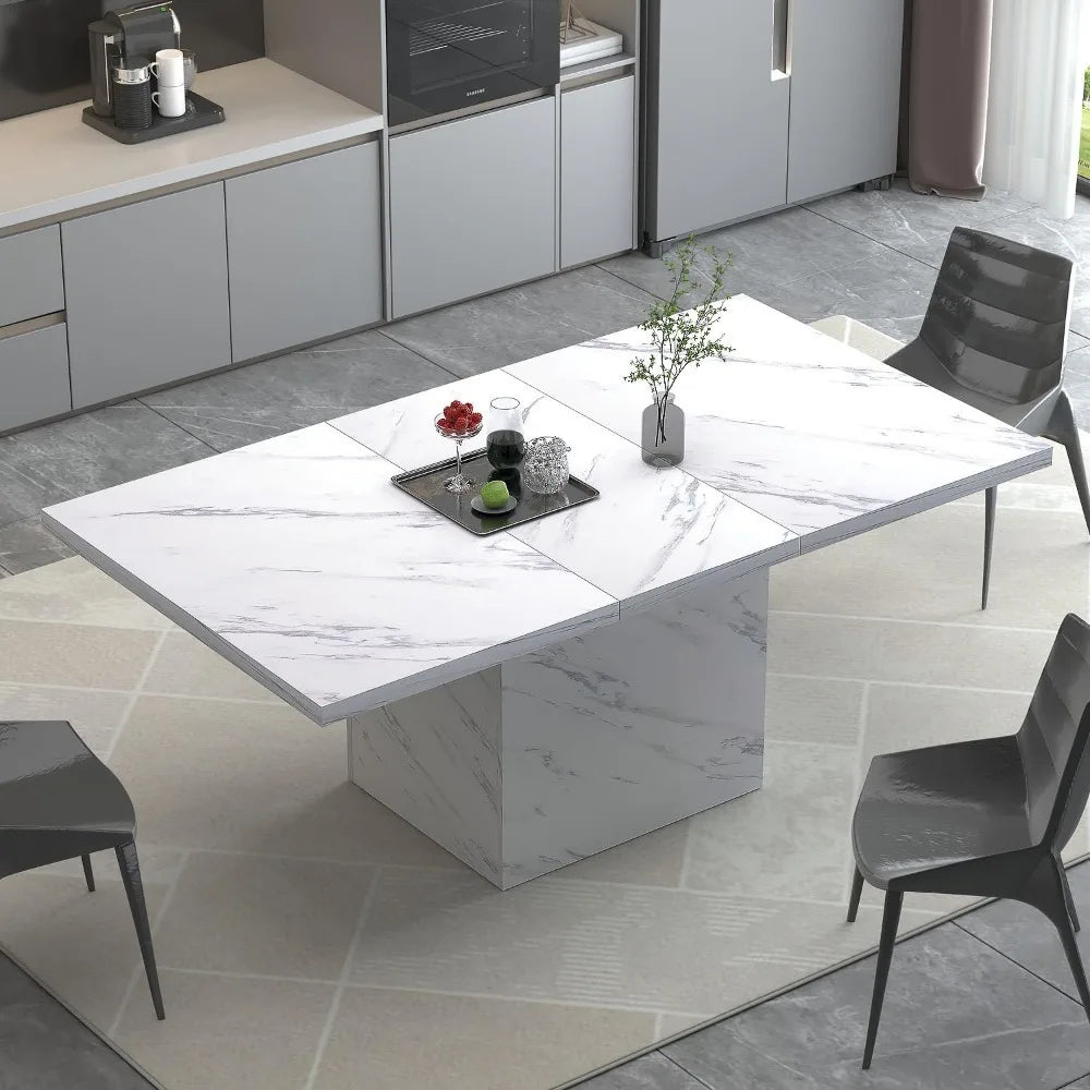 White Faux Marble Dining Table, 63 inch Modern Dinner Table for 6 People.