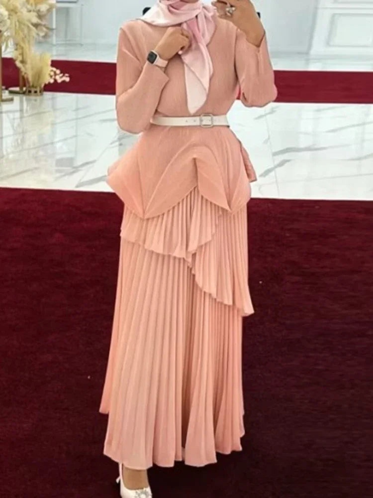 Pleated 2 Piece Set, Women Belt Gathered Waist Tops and Folds A-line Long Skirt Party Set.