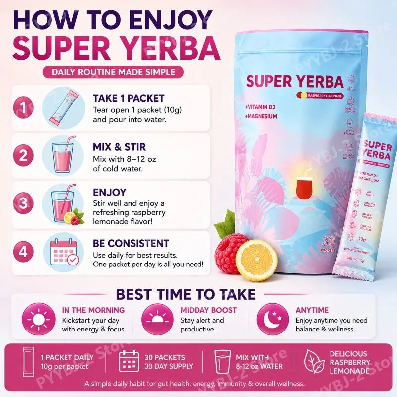 Yerba Instant Powder 30 Packets, Contain Raspberry Lemonade Flavor, Vitamin D3 Prebiotics Support Gut Clean and Provide Energy.