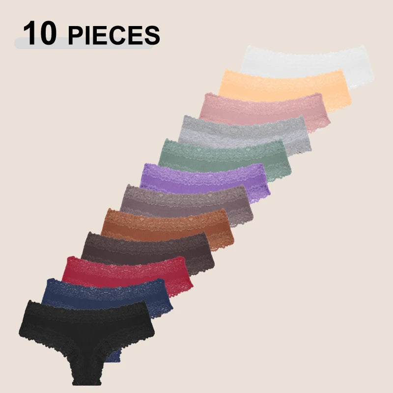 10PCS/Set Women Lace Cotton Panties, Sexy Low-Waist Brazilian Panties, Solid Color Female Underwear.