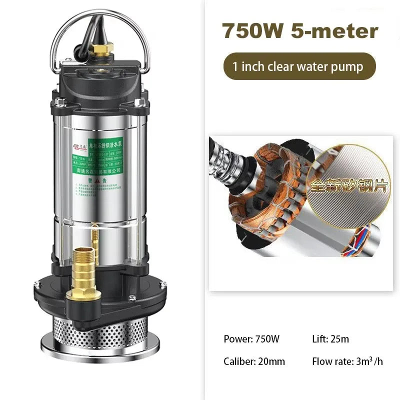 220V Submersible Pump Agricultural Pumping, Garden Tools, Drainage, Irrigation, Self-priming Sewage Pump Stainless Steel.