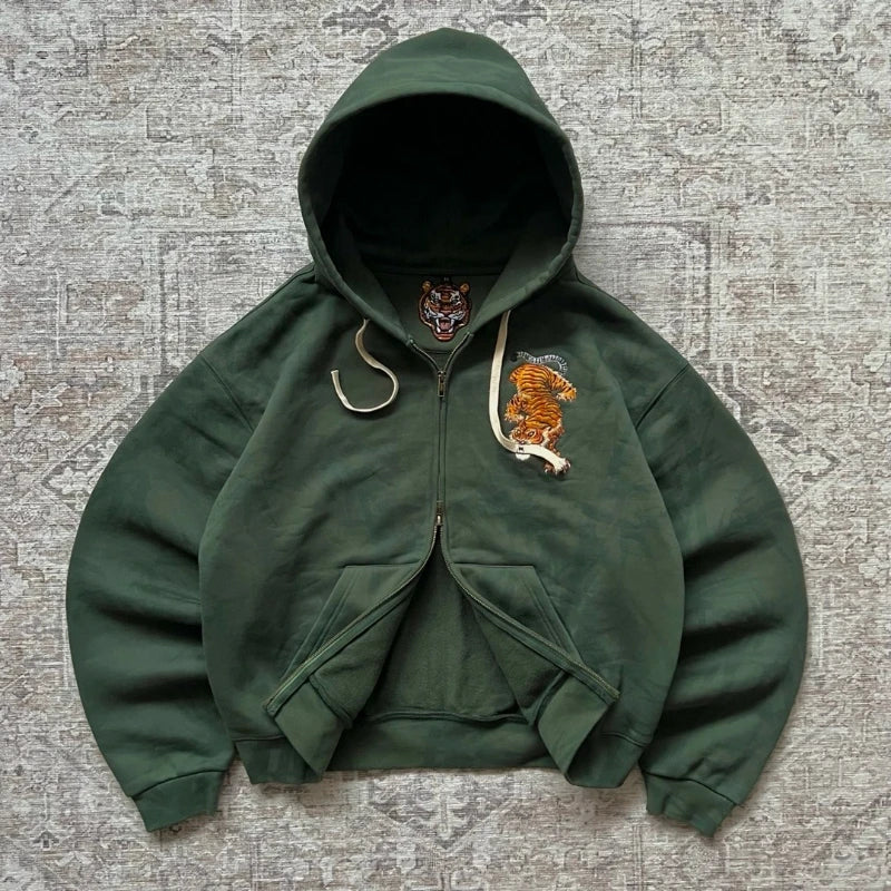 Y2K Retro Hoodie Tiger Jaw Embroidery Double Zippers Sweatshirt, Men Harajuku Trendy Casual Streetwear Unisex Oversized Clothing.