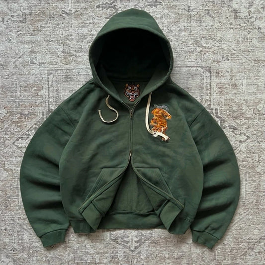 Y2K Retro Hoodie Tiger Jaw Embroidery Double Zippers Sweatshirt, Men Harajuku Trendy Casual Streetwear Unisex Oversized Clothing.