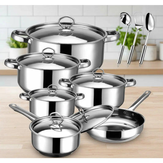 15-Piece Stainless Steel Cookware Set with Pots, Pans & Utensils - Induction Safe & Dishwasher Safe