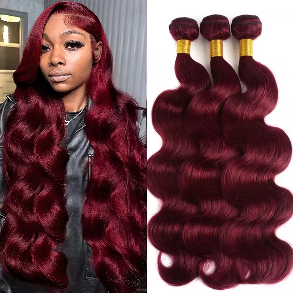 16A Burgundy 99j Body Wave Bundles, Red Colored Human Hair Bundles, 1/3/4 PCS Brazilian Virgin Hair Weave Extension For Women.