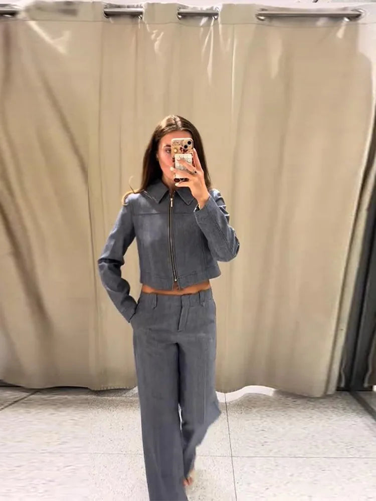 Women's Outwear 2 Piece Set Coats Pants ,Zipper Short Jackets, Straight-Leg Trouser Woman Clothes