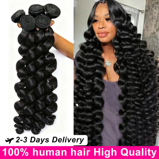 30 32 Inch Loose Wave 100% Human Hair, 3 4 Bundles Raw Virgin Unprocessed Brazilian Loose Deep Wave, Human Hair Bundles Extensions.