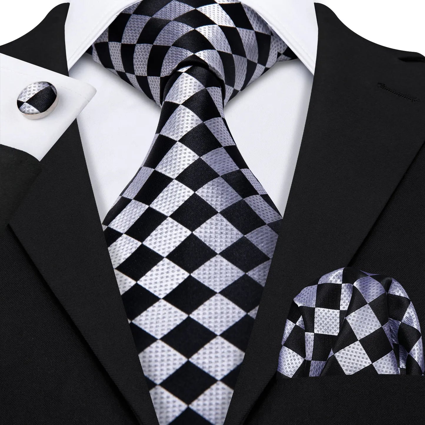 Black White Gray Silver Men Tie Handkerchief Cufflinks Set.