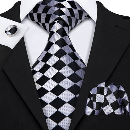 Black White Gray Silver Men Tie Handkerchief Cufflinks Set.