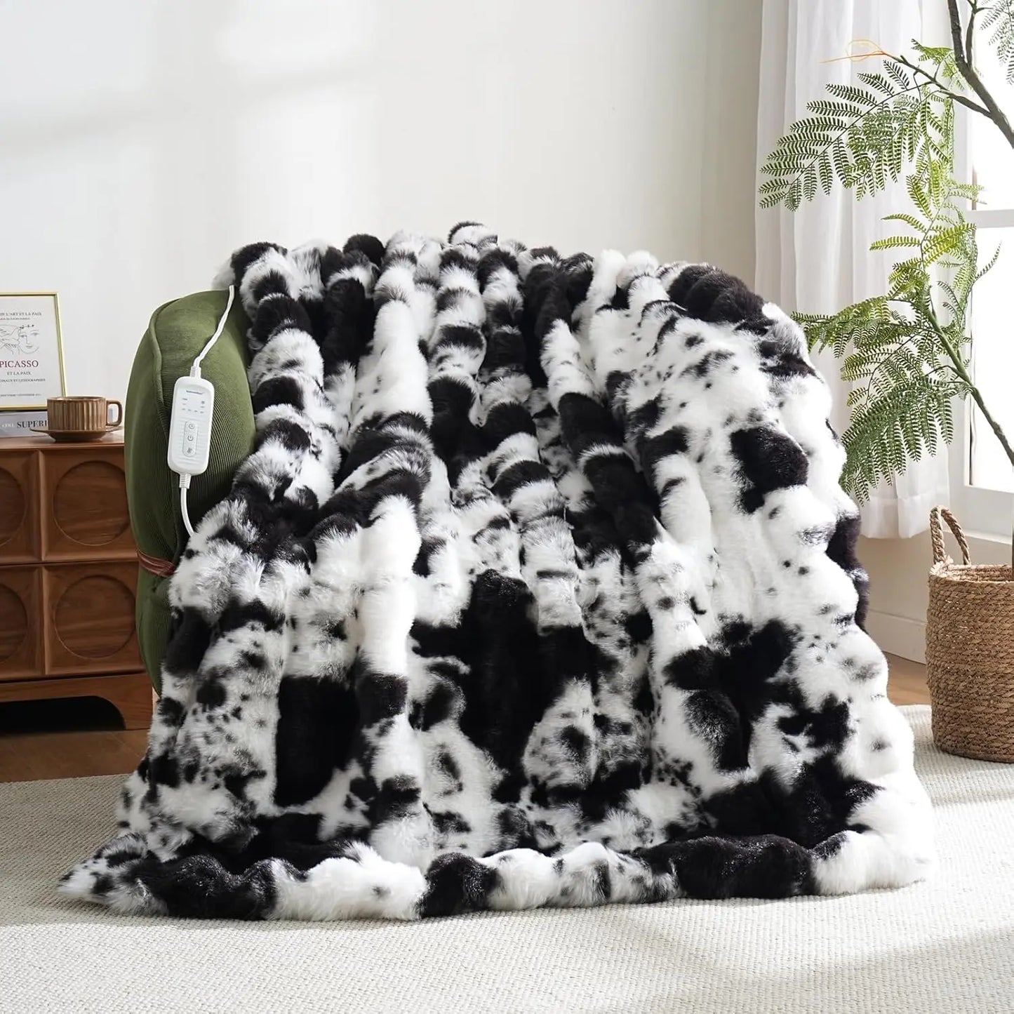 Electric Heated Cow Print Blanket, 8 Heat Settings, Overheat Protection, Machine Washable, 50x60 Inches.electric