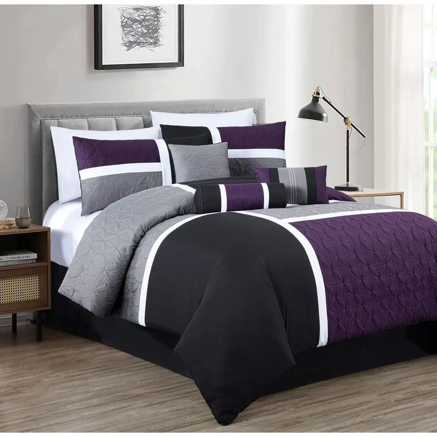 Upland 7Piece Quilted Patchwork Comforter Set, Purple Black Gray, Queen.