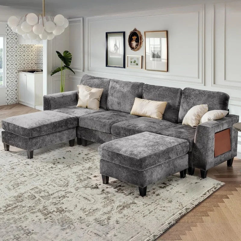 118" U-Shaped Sectional Couch, 4-Seat Modular Sofa with 2 Ottomans ,Foldable Side Table, Grey for Living Room