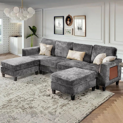 118" U-Shaped Sectional Couch, 4-Seat Modular Sofa with 2 Ottomans ,Foldable Side Table, Grey for Living Room
