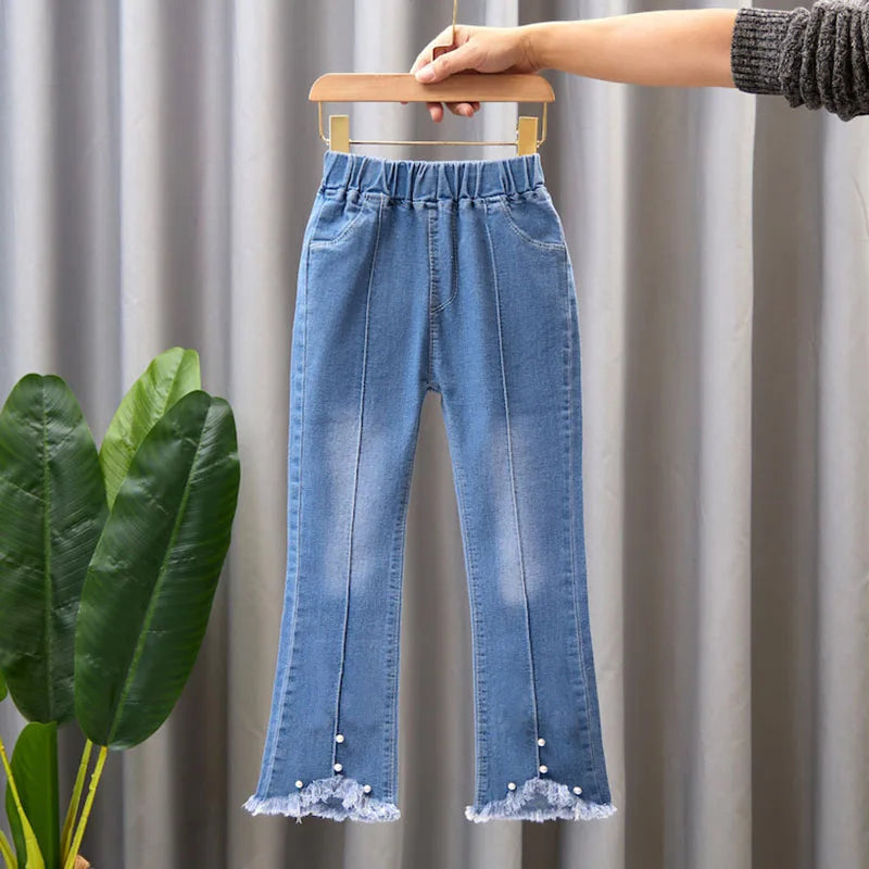 2024 New Autumn Elastic Kids Jeans, Girls Cute Leisure Bow Denim Children Flared Pants.