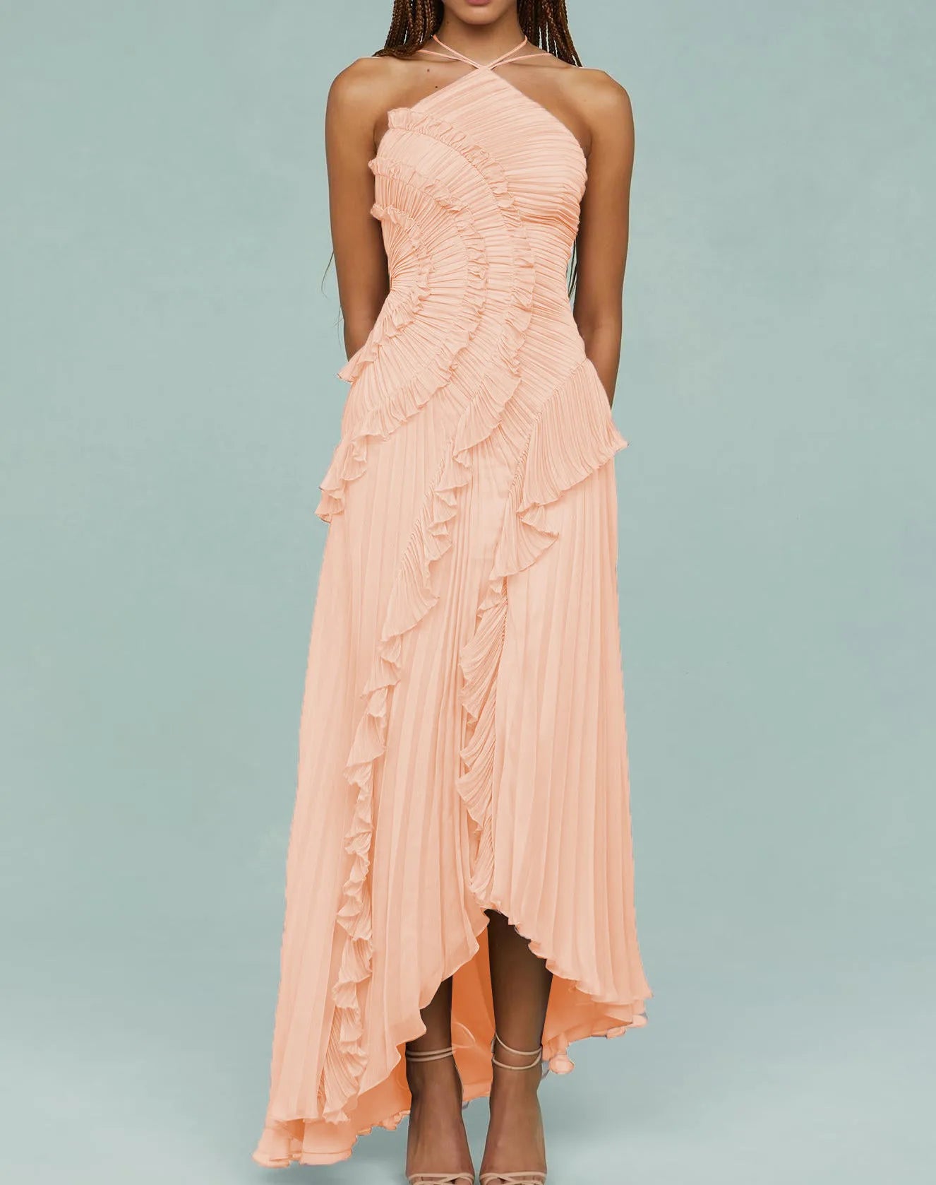 Elegant Women Ruffle Pleated Long Dress , Sleeveless Halter, Tiered Pleated , Maxi Dresses.