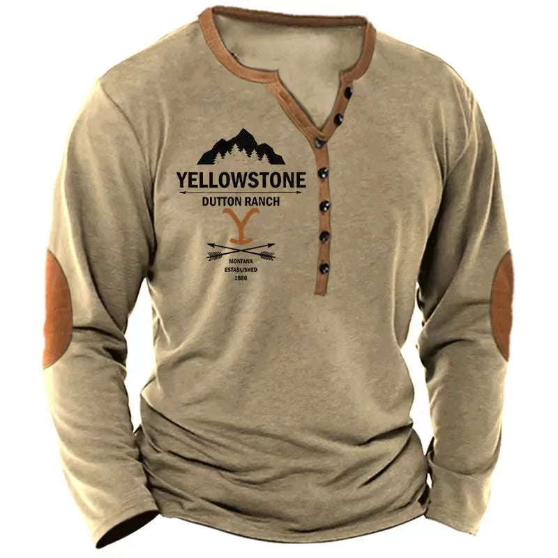 Vintage Men T Shirt Yellowstone National Park Long Sleeve Tee, Route 66 Letter Graphic.
