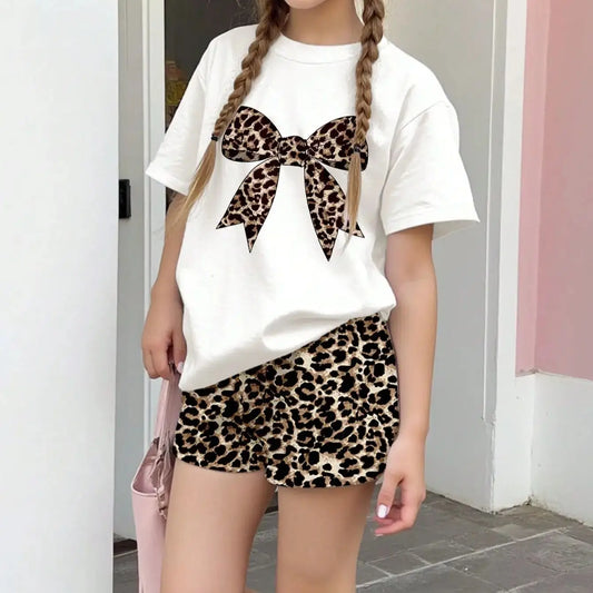 2pcs set of tween girls casual leopard print bow decoration polyester short sleeve shorts set.