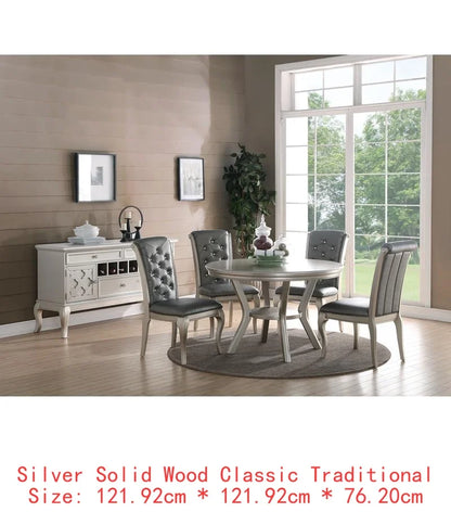 7pc Rect. Glass Dining Table Set w/ Silver Hue & 6 Tufted Side Chairs for Dining Room