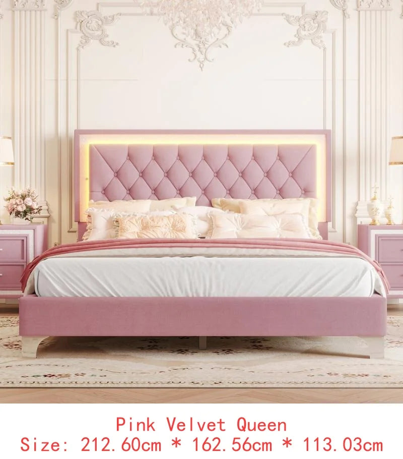 3-Piece Bedroom Set, Queen Size Upholstered Bed with LED Lighting & 2 Nightstands.