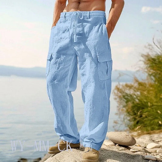 American Men Cotton And Linen Trousers, Multi-pocket Work Pants Loose Sportswear And Casual Trousers.
