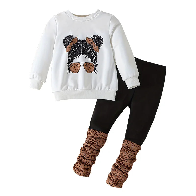 2-Piece Set for Girls: Autumn Portrait Print Round Neck Long-Sleeve Sweatshirt Pants Set.