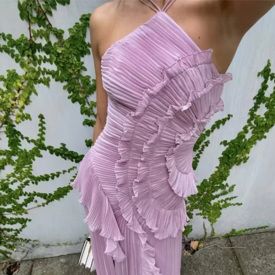 Elegant Women Ruffle Pleated Long Dress , Sleeveless Halter, Tiered Pleated , Maxi Dresses.