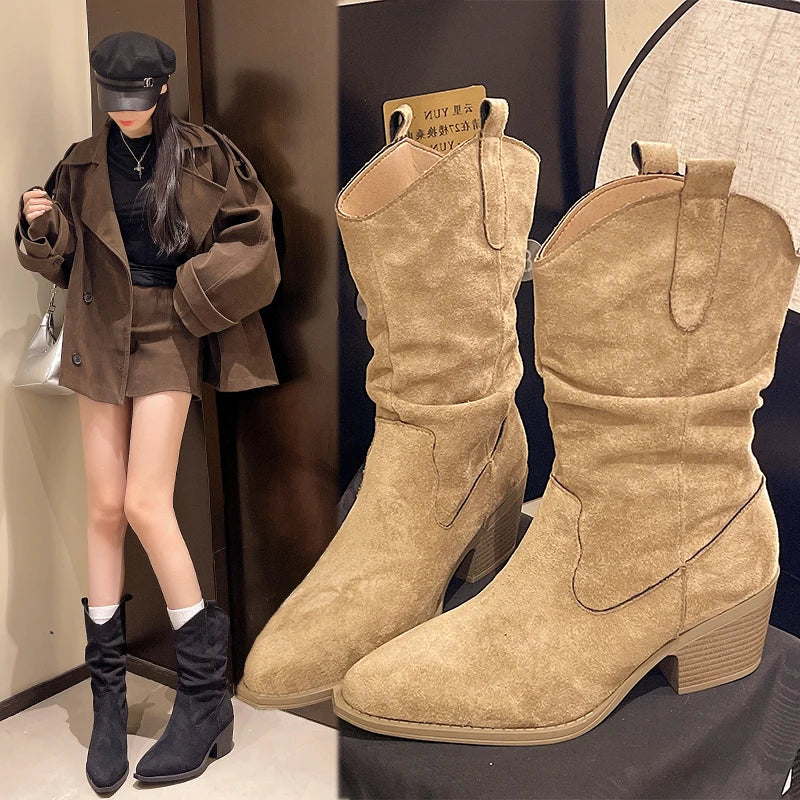 Women Autumn & Winter Flocked Mid Calf Boots, Non Slip Western Boots.
