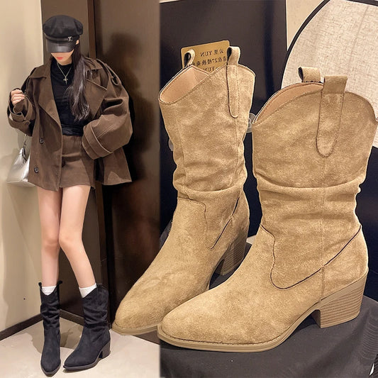 Women Autumn & Winter Flocked Mid Calf Boots, Non Slip Western Boots.