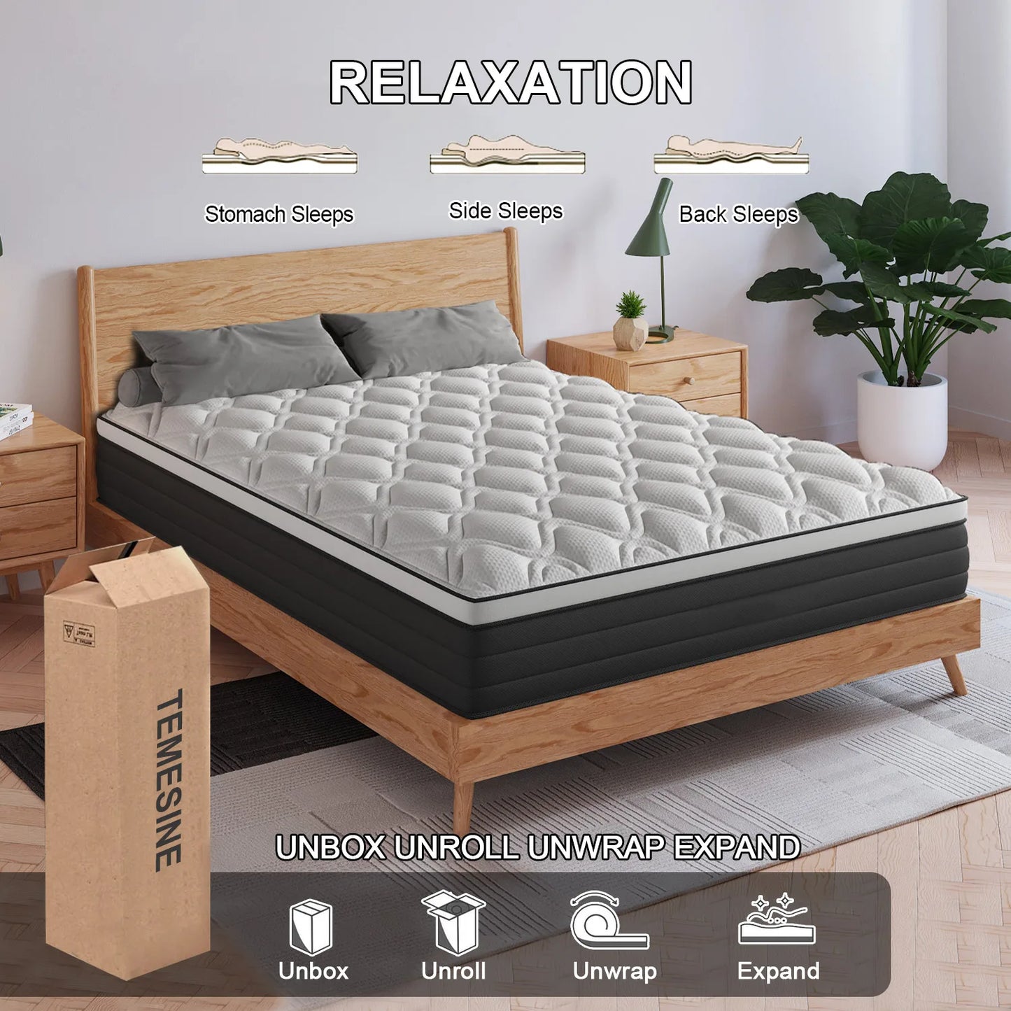 12"14" Gel Memory Foam Hybrid Pocket Spring Mattress Twin, Full, King, Queen Bed Mattress In A Box, Medium Firm Motion Isolation.