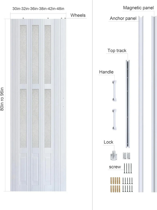 32x80in PVC Accordion Folding Door, Sliding Closet Door with Hardware, White.