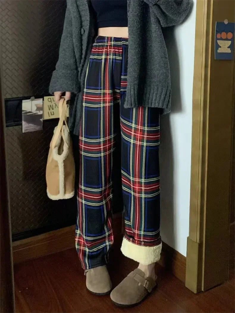 Warm Plush Pants, Cashmere Thick Plaid Ladies Winter Loose Wide-legged Pants