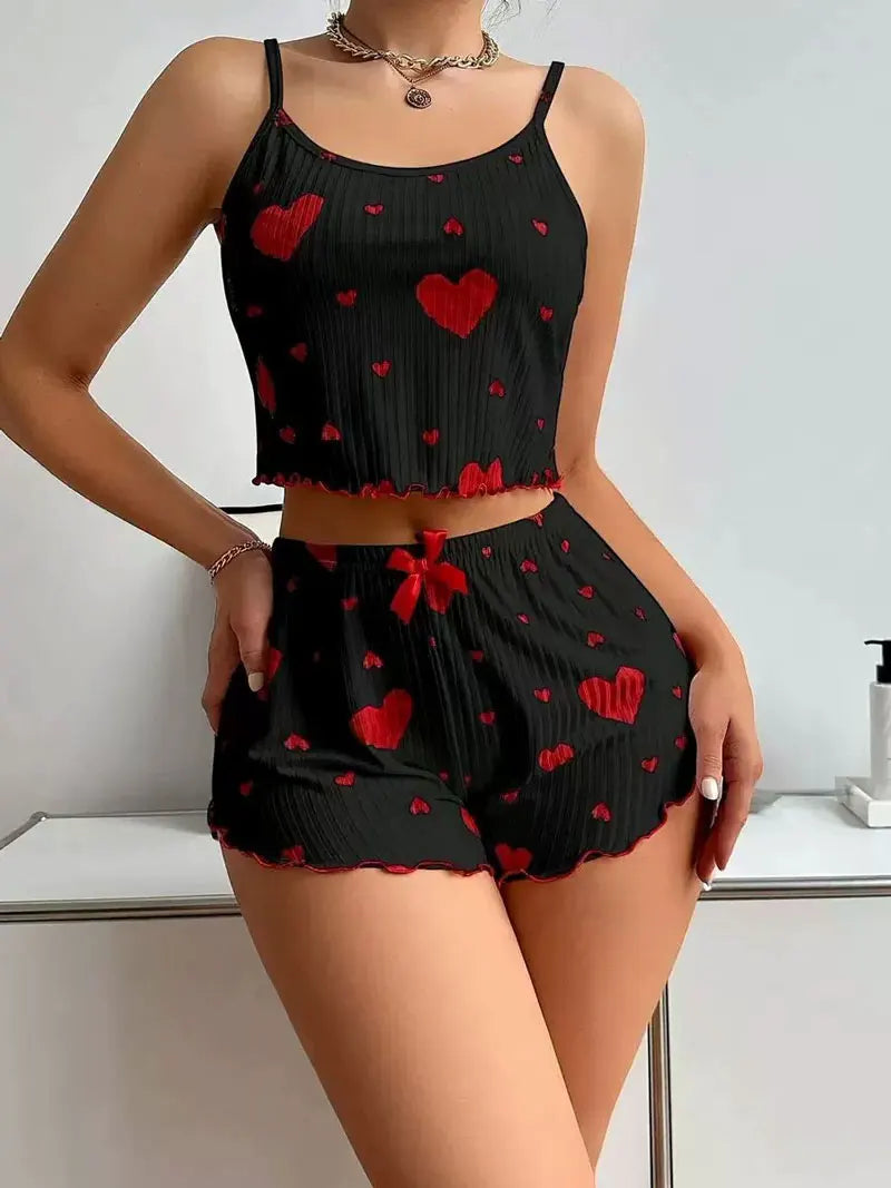 2 Pieces Set Women Pajama Shorts Sexy Camisoles Sleepwear.