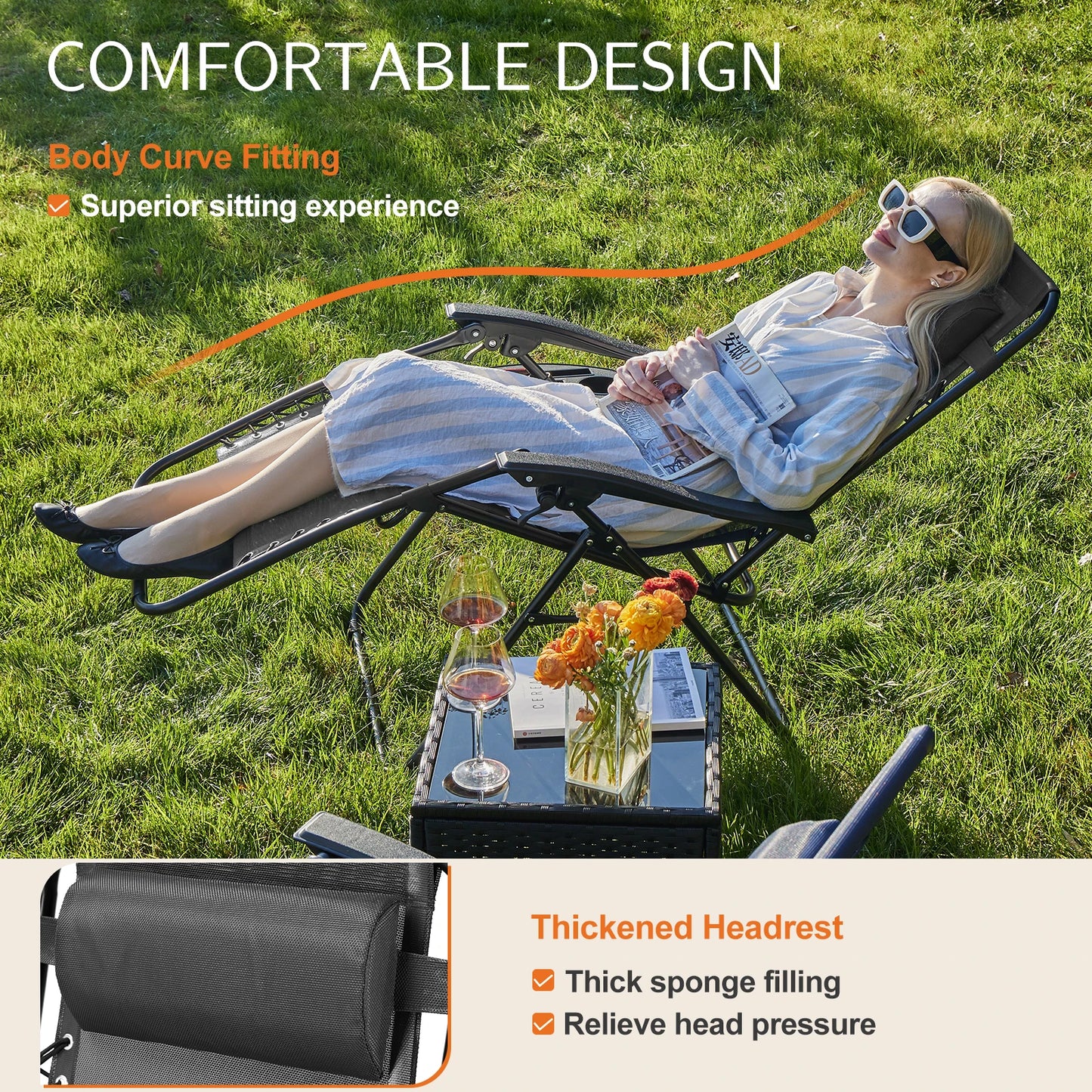 Zero Gravity Set of 2 Portable Recliner Camping, Patio, Garden Lounge Chair, with Cup Holder Trays
