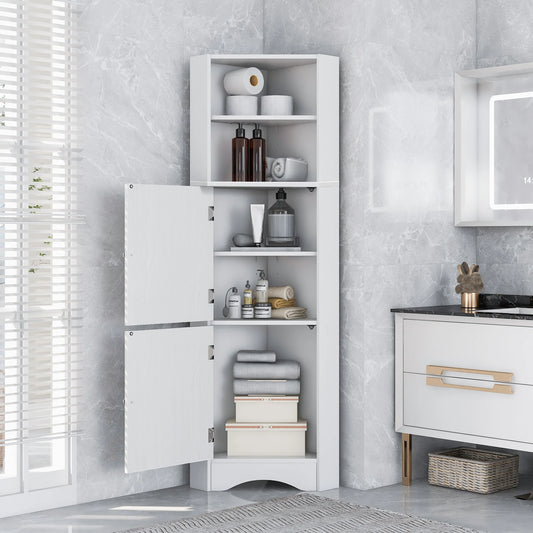 Tall Bathroom Corner Cabinet, Freestanding Storage with Doors, and Adjustable Shelves.