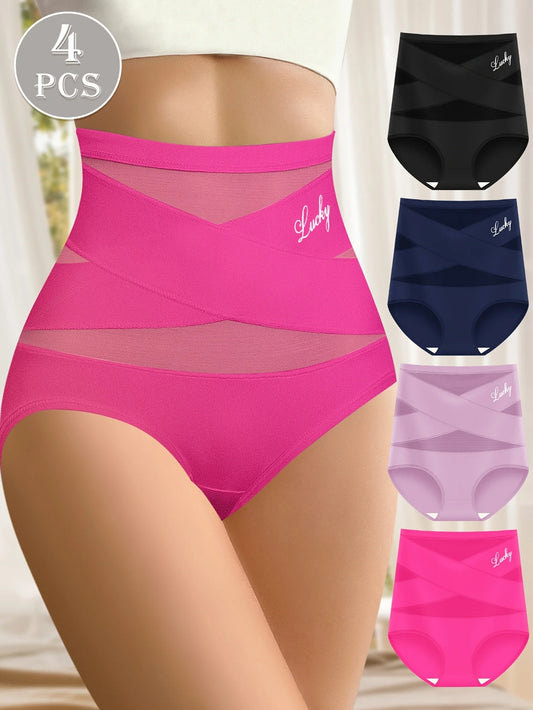 4pcs Multi Color High Waist Fat Women, Sexy Panty Tummy Control Knickers.