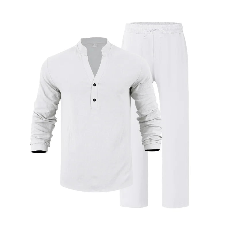 Autumn New Men Suit Style Loose Casual Breathable Henley Shirt with Straight-Leg Pants.