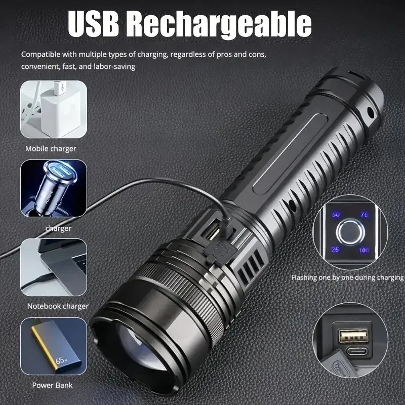 10000W Built-in Battery Flash Light Emergency Spotlight,9km 990000000LM Most Powerful Flashlight Tactical Torch 25000mah.