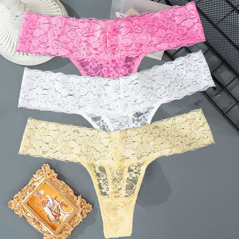 3PCS Lace Floral Women Panties ,Low Waist Breathable Briefs Female Thong Underwear M-2XL Sexy G-String Transparent Panty.