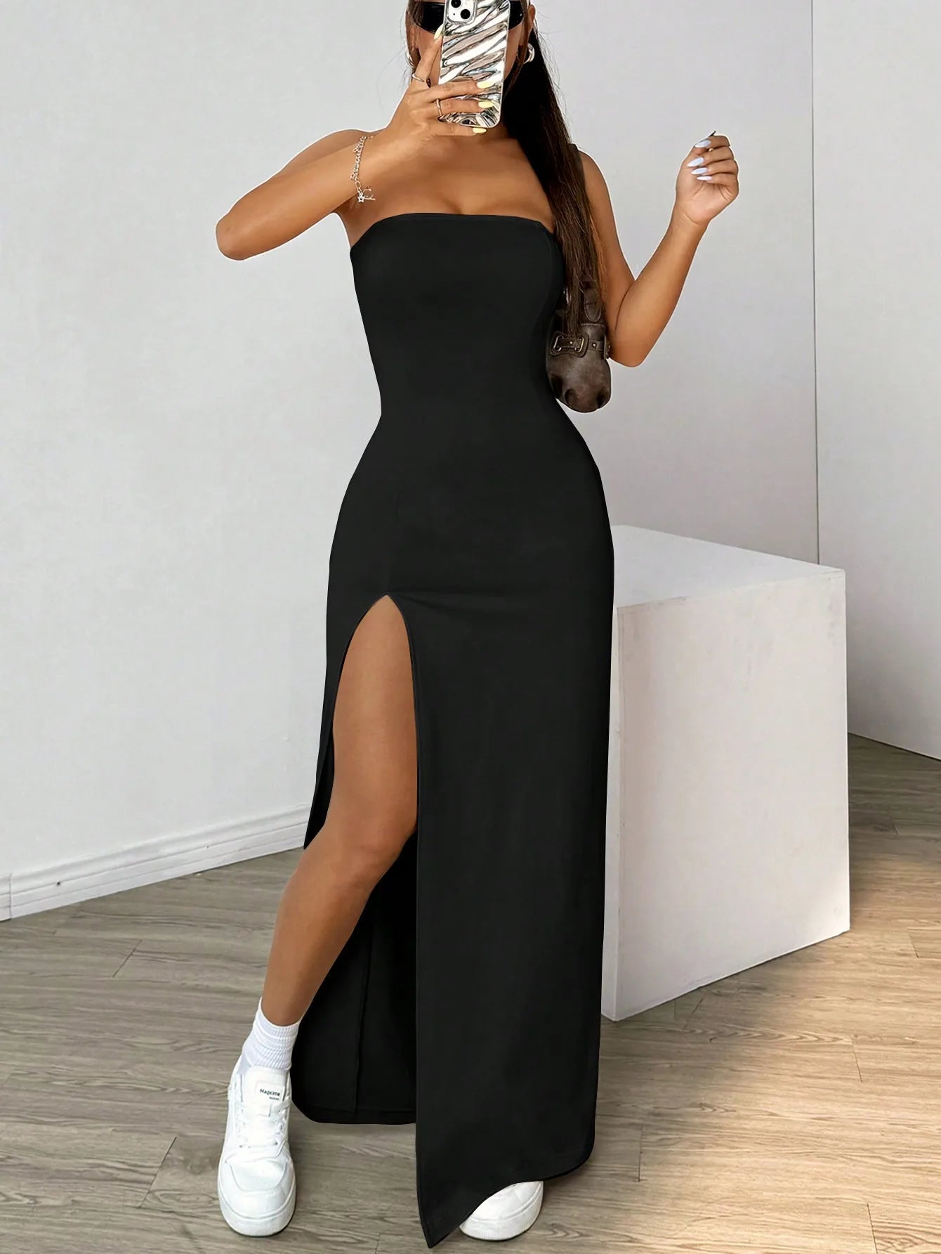 Elegant ladies strapless camisole, simple basic solid color long dress, casual, semi-formal occasions,