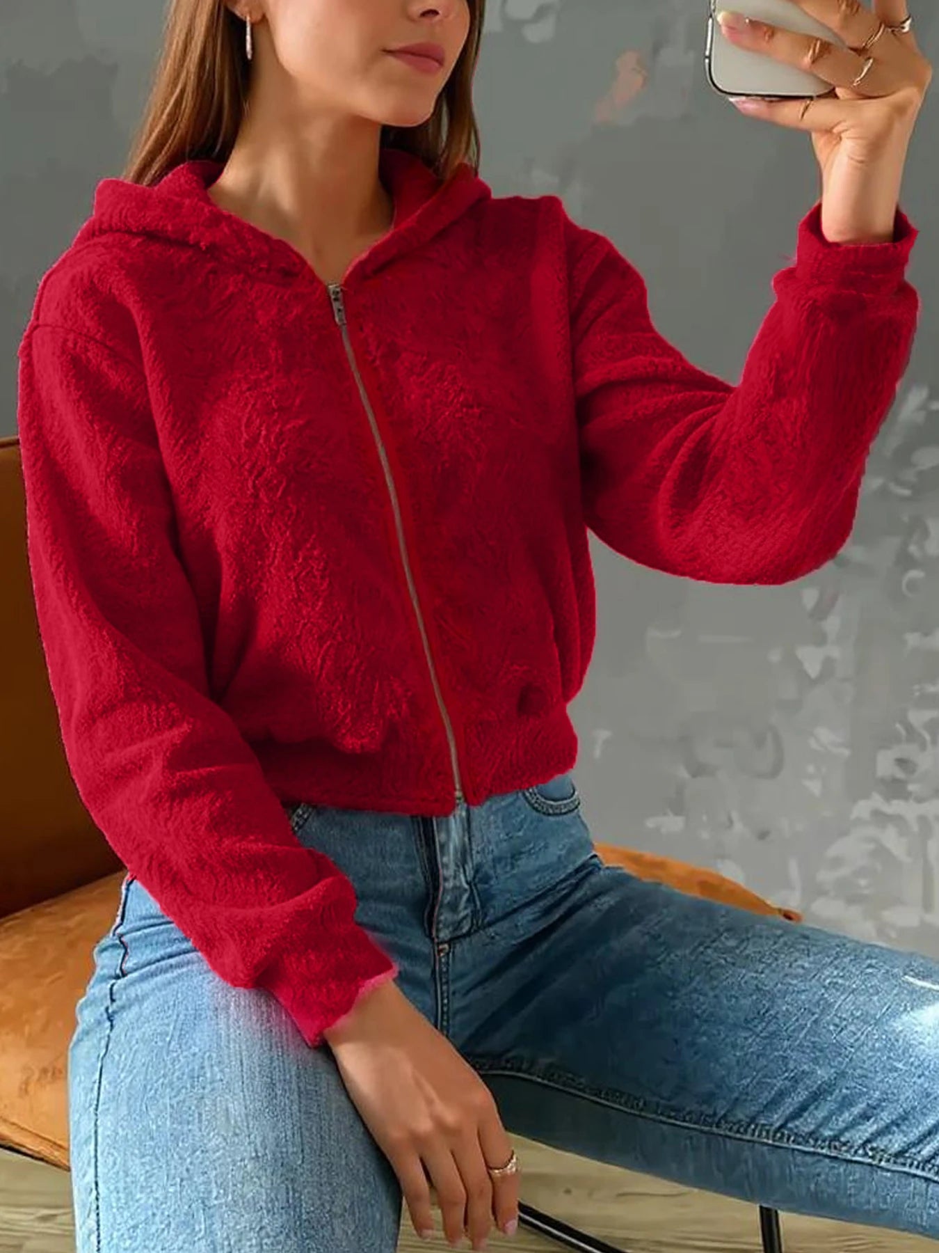 New Christmas collection Women autumn and winter red plush, hooded short coat with zipper design.