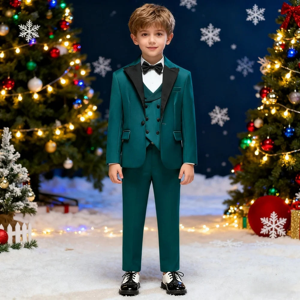 Boys Teal Elegant Shawl Neck 4 Piece Tuxedo Set, Blazer, Vest, Pants, Bowtie, Formal Wear for Kids Ages 3-14.