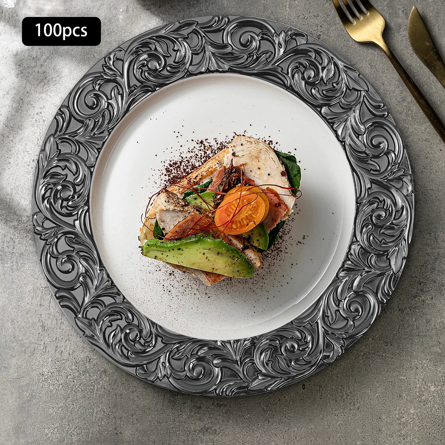 Plates 100-Piece Set Round Reusable Serving Plates, Gold, Black, Silver, Green