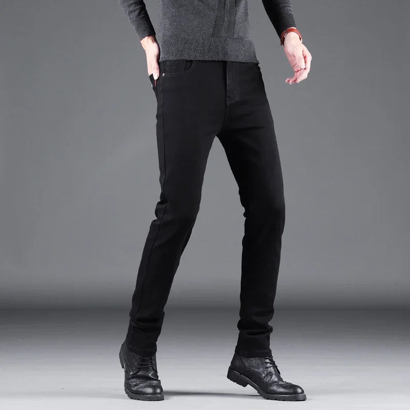 New Men Pure Black Slim Jeans, Elastic Pants Business Fashion Leisure Denim Pants.