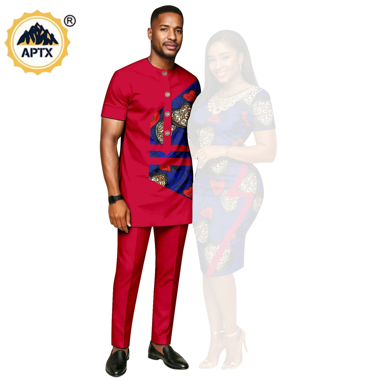 African Print Slim Hip Knee-length Dresses for Women, Matching Couple Outfits Dashiki Men Patchwork Top and Pant Sets 26C019.
