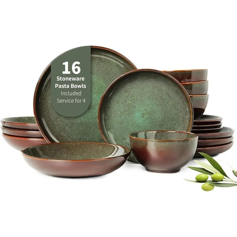 16 Piece Double Bowl Dinnerware Sets, with Pasta Bowls, Natural Earth ware Service for 4 Sage Green.